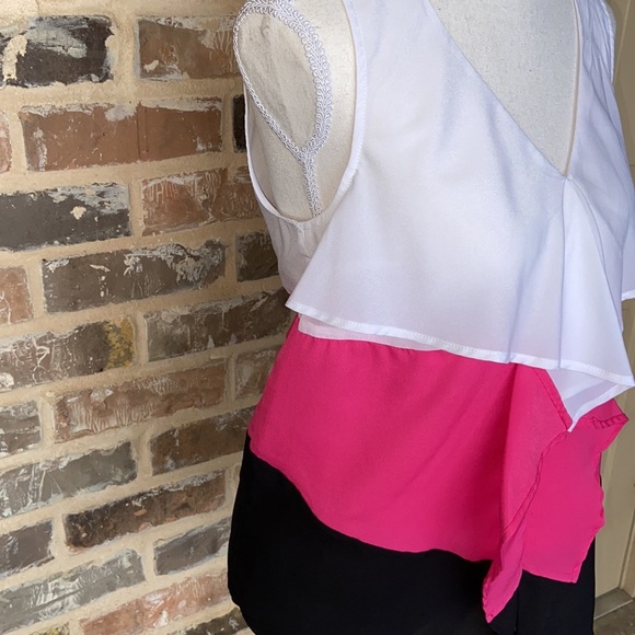 Rafaella Sleeveless Tank Tiered Ruffle Colorblock Black White Pink Fuchsia M - Picture 2 of 11